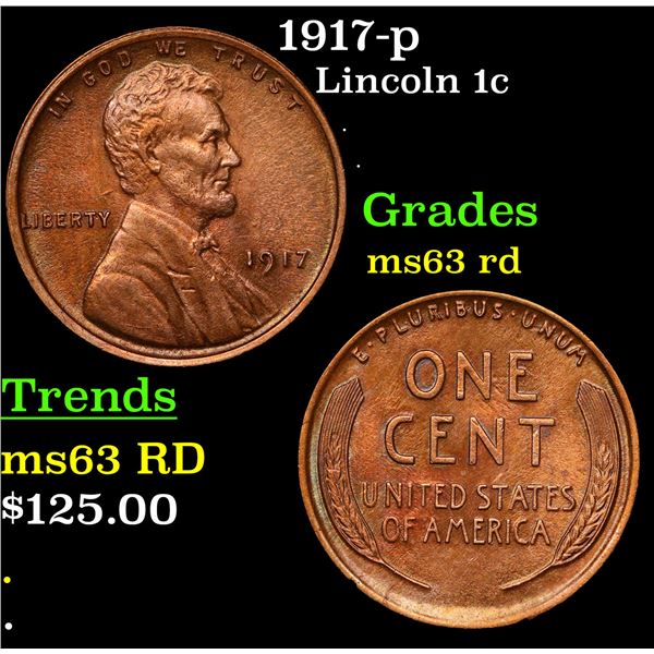 1917-p Lincoln Cent 1c Grades Select Unc RD