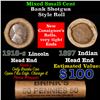 Mixed small cents 1c orig shotgun roll, 1918-S Wheat Cent, 1897 Indian Cent other end, Brinks Wrappe
