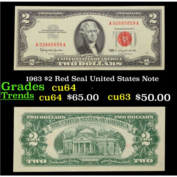 1963 $2 Red Seal United States Note Grades Choice CU