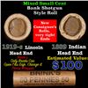 Mixed small cents 1c orig shotgun roll, 1919-S Wheat Cent, 1889 Indian Cent other end, Brinks Wrappe