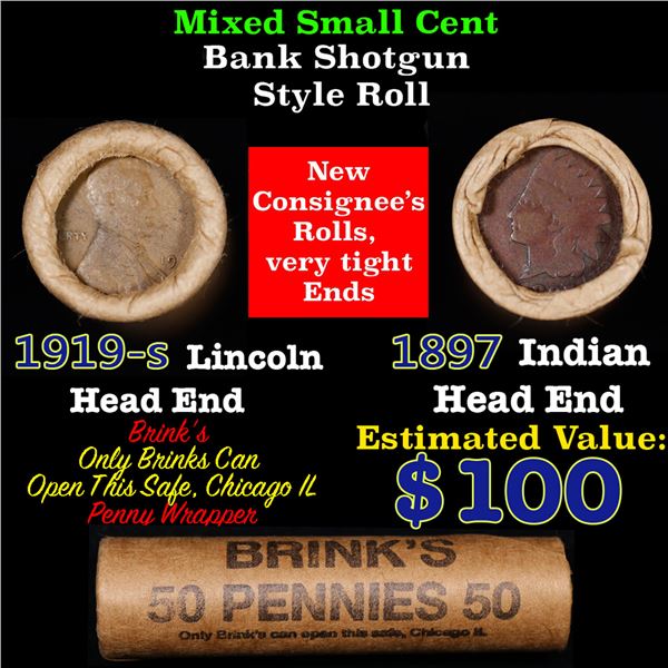 Mixed small cents 1c orig shotgun roll, 1919-S Wheat Cent, 1897 Indian Cent other end, Brinks Wrappe