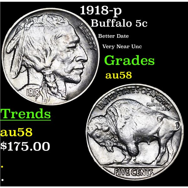 1918-p Buffalo Nickel 5c Grades Choice AU/BU Slider