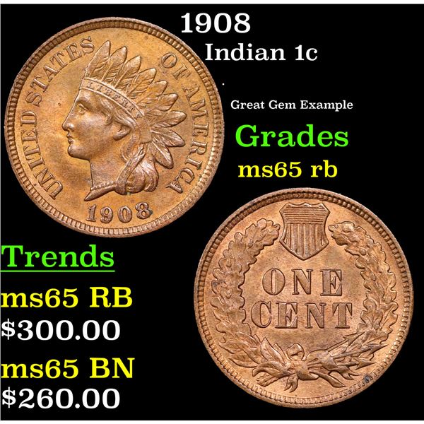 1908 Indian Cent 1c Grades GEM Unc RB