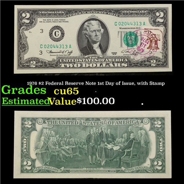 1976 $2 Federal Reserve Note 1st Day of Issue, with Stamp Grades Gem CU