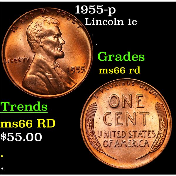 1955-p Lincoln Cent 1c Grades GEM+ Unc RD