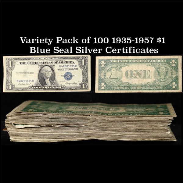 Variety Pack of 100 1935-1957 $1 Blue Seal Silver Certificates Grades ng