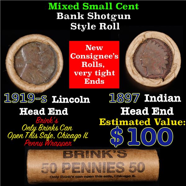 Mixed small cents 1c orig shotgun roll, 1919-S Wheat Cent, 1889 Indian Cent other end, Brinks Wrappe
