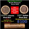 Mixed small cents 1c orig shotgun roll, 1919-S Wheat Cent, 1889 Indian Cent other end, Brinks Wrappe