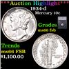 Image 1 : ***Auction Highlight*** 1934-d Mercury Dime 10c Graded ms66 fsb By SEGS (fc)