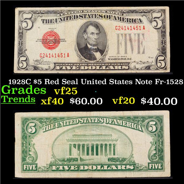 1928C $5 Red Seal United States Note Fr-1528 Grades vf+