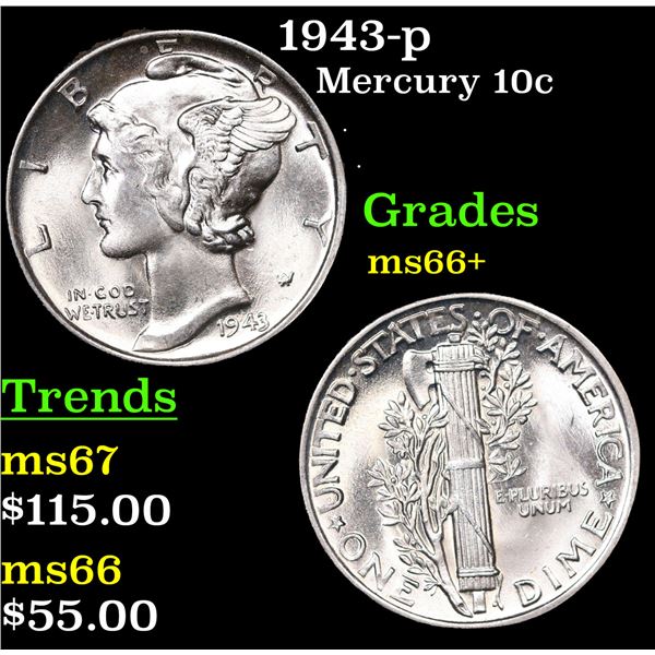 1943-p Mercury Dime 10c Grades GEM++ Unc