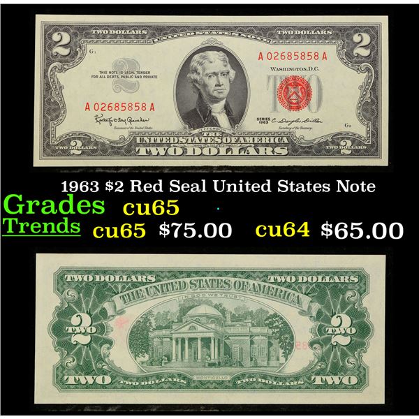 1963 $2 Red Seal United States Note Grades Gem CU