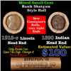 Image 1 : Mixed small cents 1c orig shotgun roll, 1918-S Wheat Cent, 1890 Indian Cent other end, Brinks Wrappe