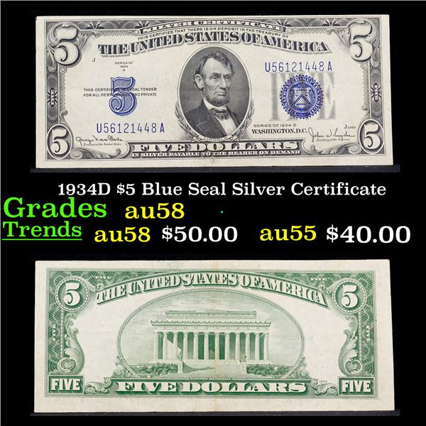 1934D $5 Blue Seal Silver Certificate Grades Choice AU/BU Slider