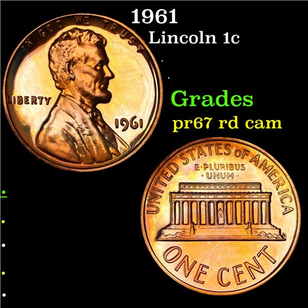Proof 1961 Lincoln Cent 1c Grades Gem++ Proof Red Cameo