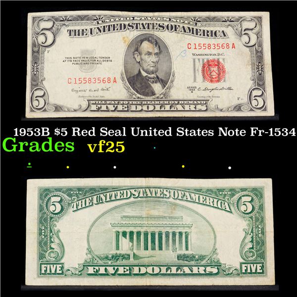 1953B $5 Red Seal United States Note Fr-1534 Grades vf+