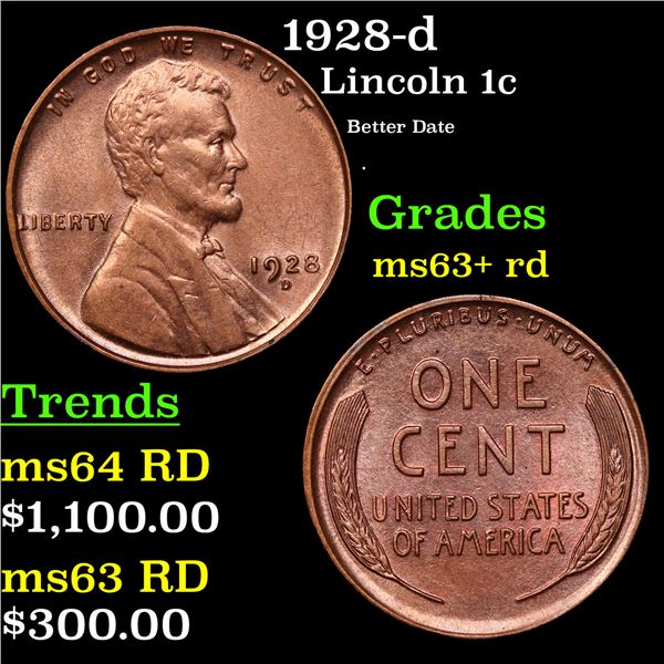 1928-d Lincoln Cent 1c Graded ms63+ rd By SEGS