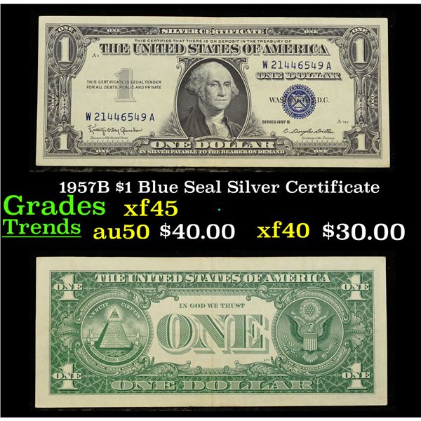 1957B $1 Blue Seal Silver Certificate Grades xf+
