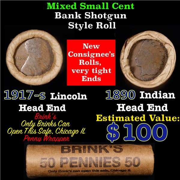 Mixed small cents 1c orig shotgun roll, 1917-S Wheat Cent, 1890 Indian Cent other end, Brinks Wrappe
