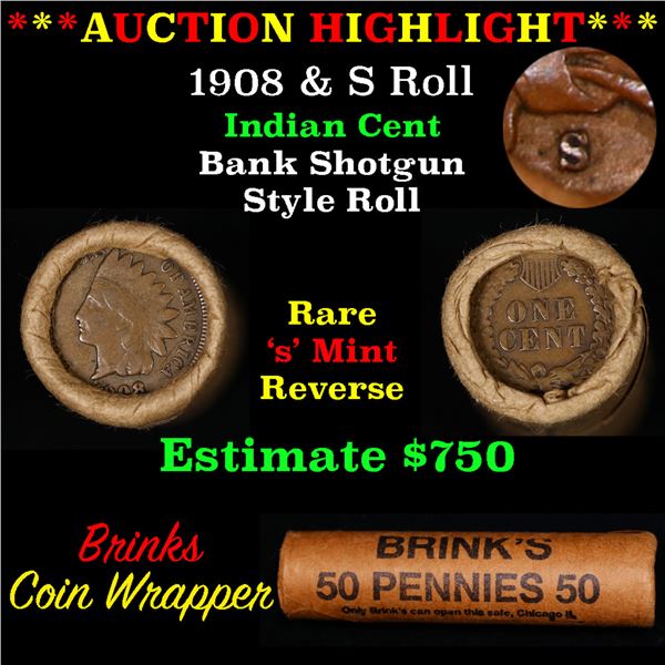 Indian cent 1c orig roll, 1908 & 's' mint ends, 50 coins