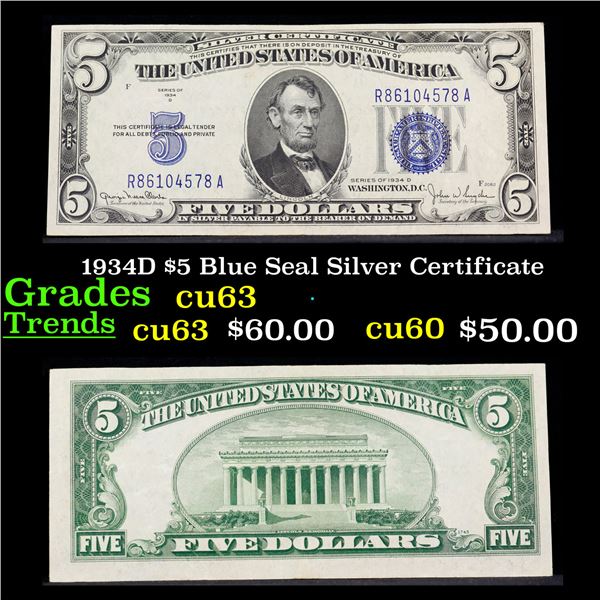 1934D $5 Blue Seal Silver Certificate Grades Select CU