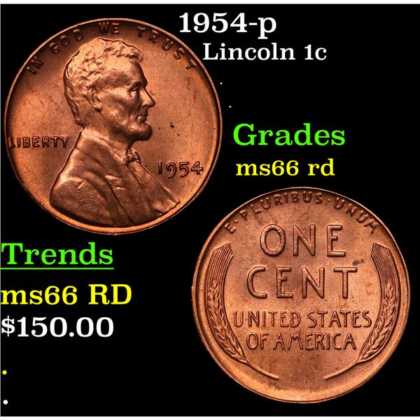 1954-p Lincoln Cent 1c Grades GEM+ Unc RD