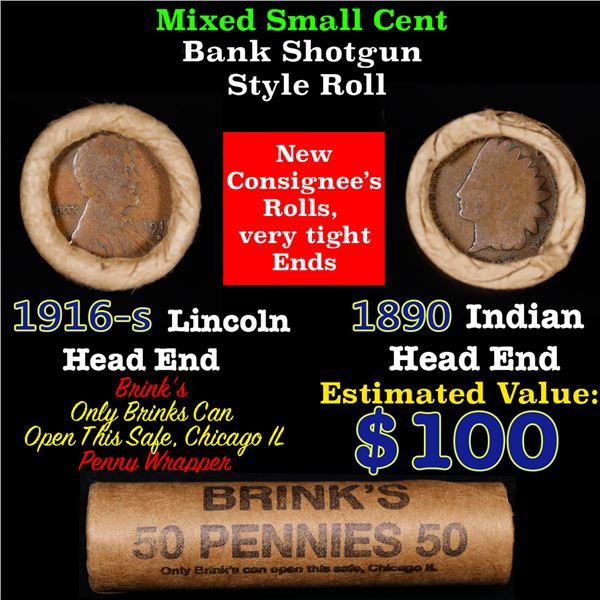 Mixed small cents 1c orig shotgun roll, 1916-S Wheat Cent, 1890 Indian Cent other end, Brinks Wrappe