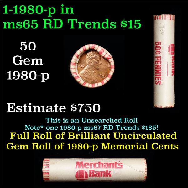Shotgun Lincoln 1c roll,Merchants Bank Wrapper 1980-p 50 pcs