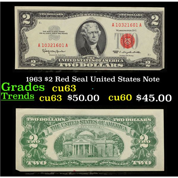 1963 $2 Red Seal United States Note Grades Select CU