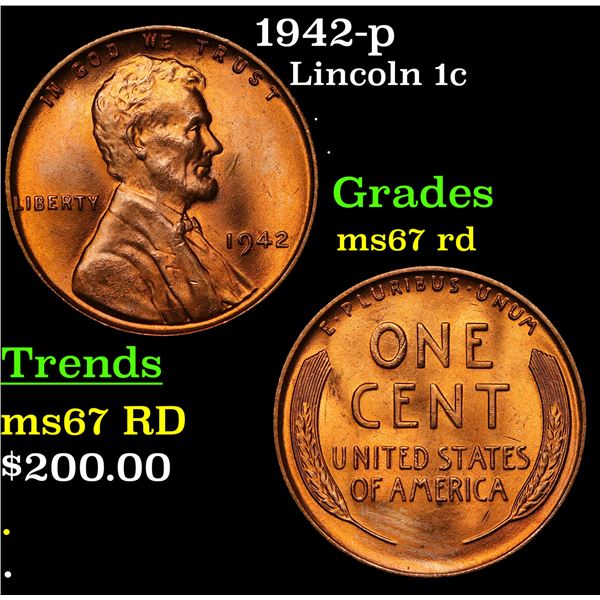 1942-p Lincoln Cent 1c Grades GEM++ Unc RD