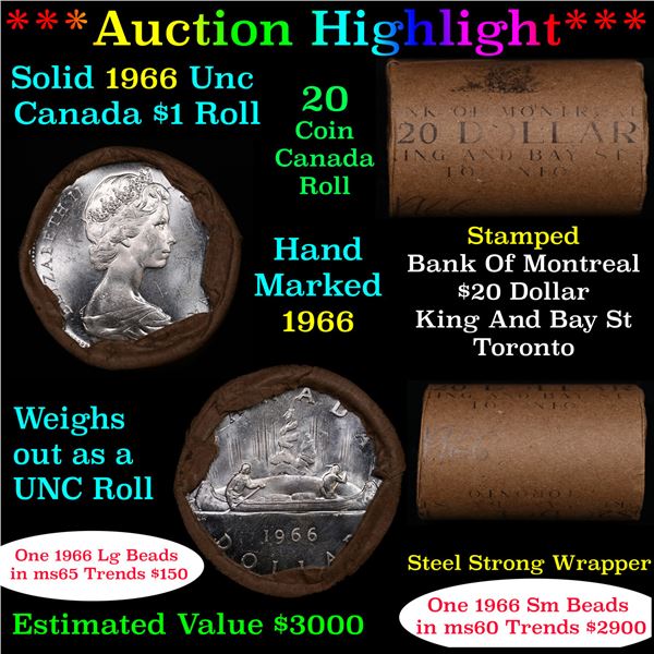 ***Auction Highlight** Full Roll of Silver 1966 Canadian Dollar with Queen Elizabeth II, 20 Coins i
