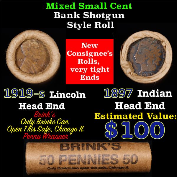 Mixed small cents 1c orig shotgun roll, 1919-S Wheat Cent, 1897 Indian Cent other end, Brinks Wrappe