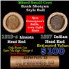 Mixed small cents 1c orig shotgun roll, 1919-S Wheat Cent, 1897 Indian Cent other end, Brinks Wrappe