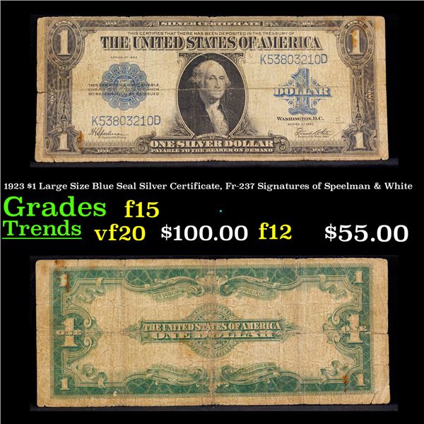 1923 $1 Large Size Blue Seal Silver Certificate, Fr-237 Signatures of Speelman & White Grades f+