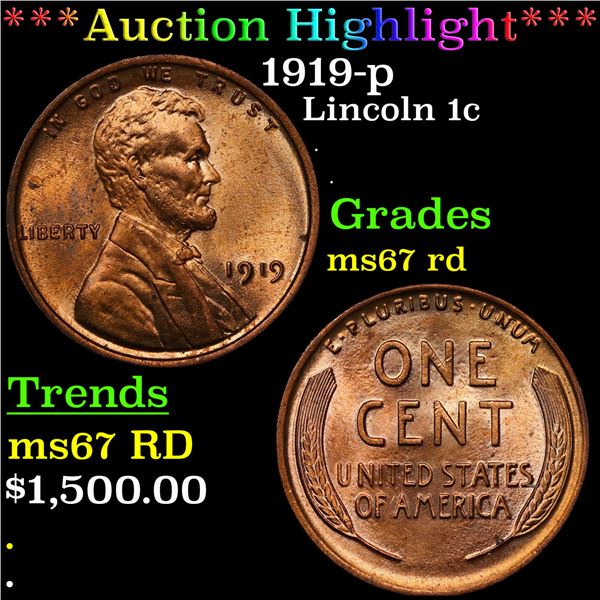 ***Auction Highlight*** 1919-p Lincoln Cent 1c Grades GEM++ Unc RD (fc)
