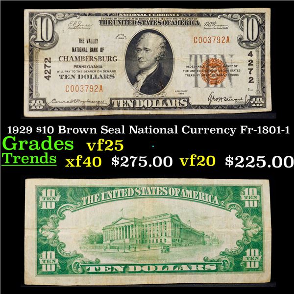 1929 $10 Brown Seal National Currency Fr-1801-1 Grades vf+