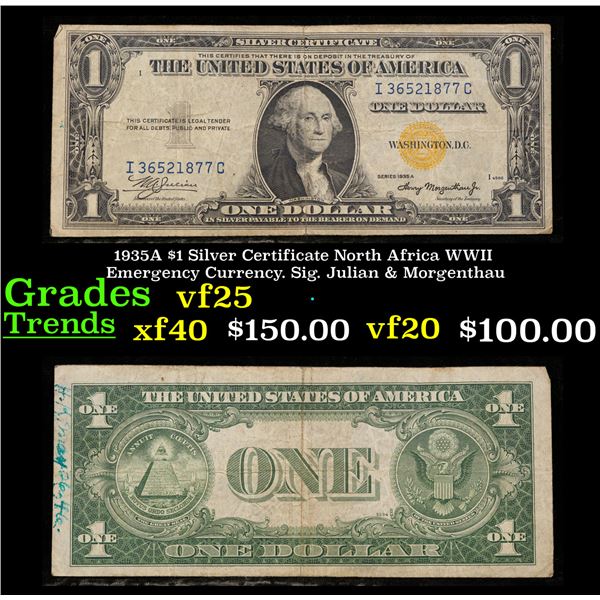 1935A $1 Silver Certificate North Africa WWII Emergency Currency. Sig. Julian & Morgenthau Grades vf