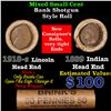 Mixed small cents 1c orig shotgun roll, 1918-S Wheat Cent, 1889 Indian Cent other end, Brinks Wrappe