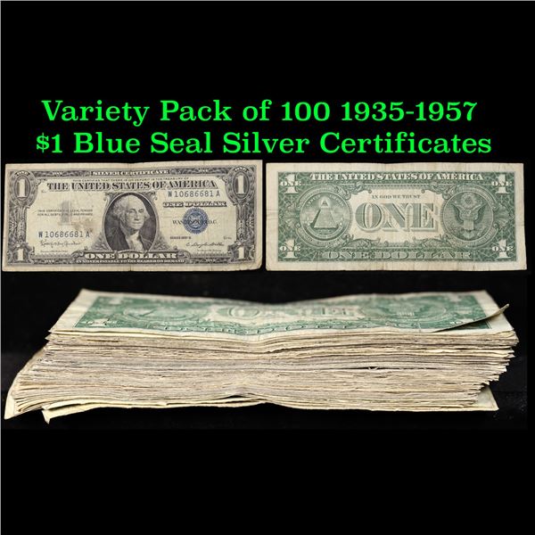 Variety Pack of 100 1935-1957 $1 Blue Seal Silver Certificates Grades ng