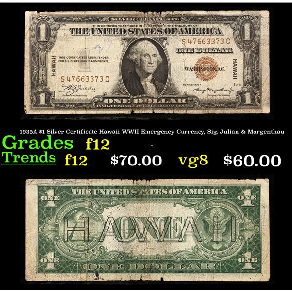 1935A $1 Silver Certificate Hawaii WWII Emergency Currency, Sig. Julian & Morgenthau Grades f, fine