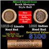Image 1 : Mixed small cents 1c orig shotgun roll, 1919-D Wheat Cent, 1890 Indian Cent other end, Brinks Wrappe