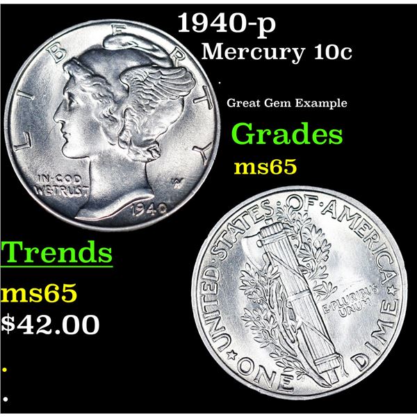 1940-p Mercury Dime 10c Grades GEM Unc