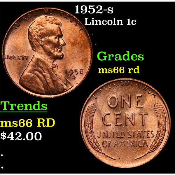 1952-s Lincoln Cent 1c Grades GEM+ Unc RD