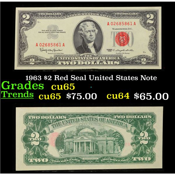 1963 $2 Red Seal United States Note Grades Gem CU