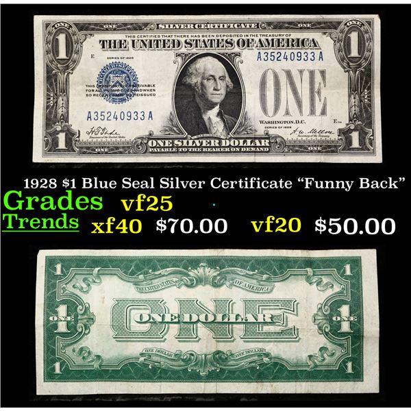 1928 $1 Blue Seal Silver Certificate "Funny Back" Grades vf+