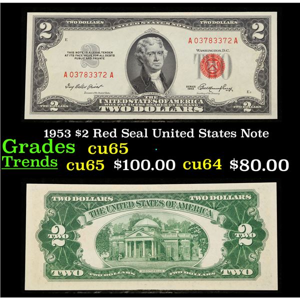 1953 $2 Red Seal United States Note Grades Gem CU