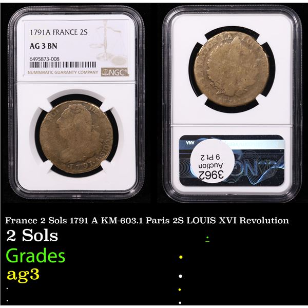 NGC France 2 Sols 1791 A KM-603.1 Paris 2S LOUIS XVI Revolution Graded ag3 By NGC