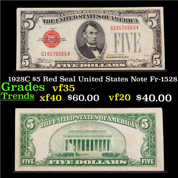 1928C $5 Red Seal United States Note Fr-1528 Grades vf++