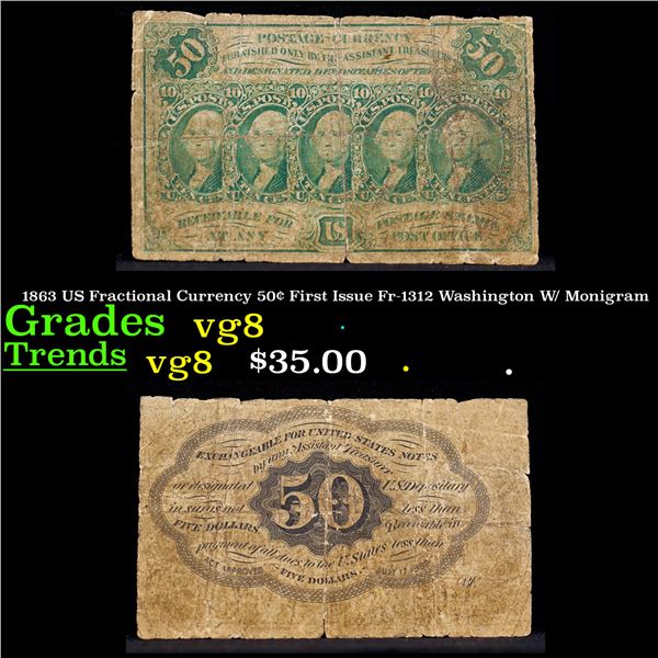 1863 US Fractional Currency 50¢ First Issue Fr-1312 Washington W/ Monigram Grades vg, very good