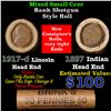 Image 1 : Mixed small cents 1c orig shotgun roll, 1917-D Wheat Cent, 1897 Indian Cent other end, Brinks Wrappe